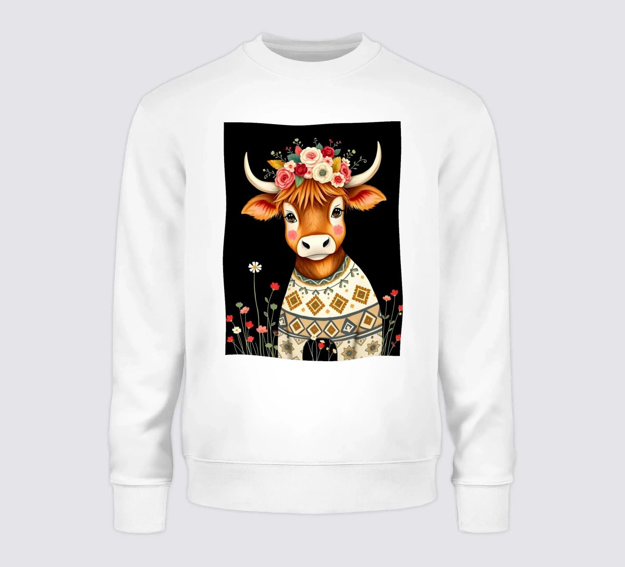 VACA DE LAS TIERRAS ALTAS CON CORONA DE FLORES sudadera de COLLEEN CRAFTS