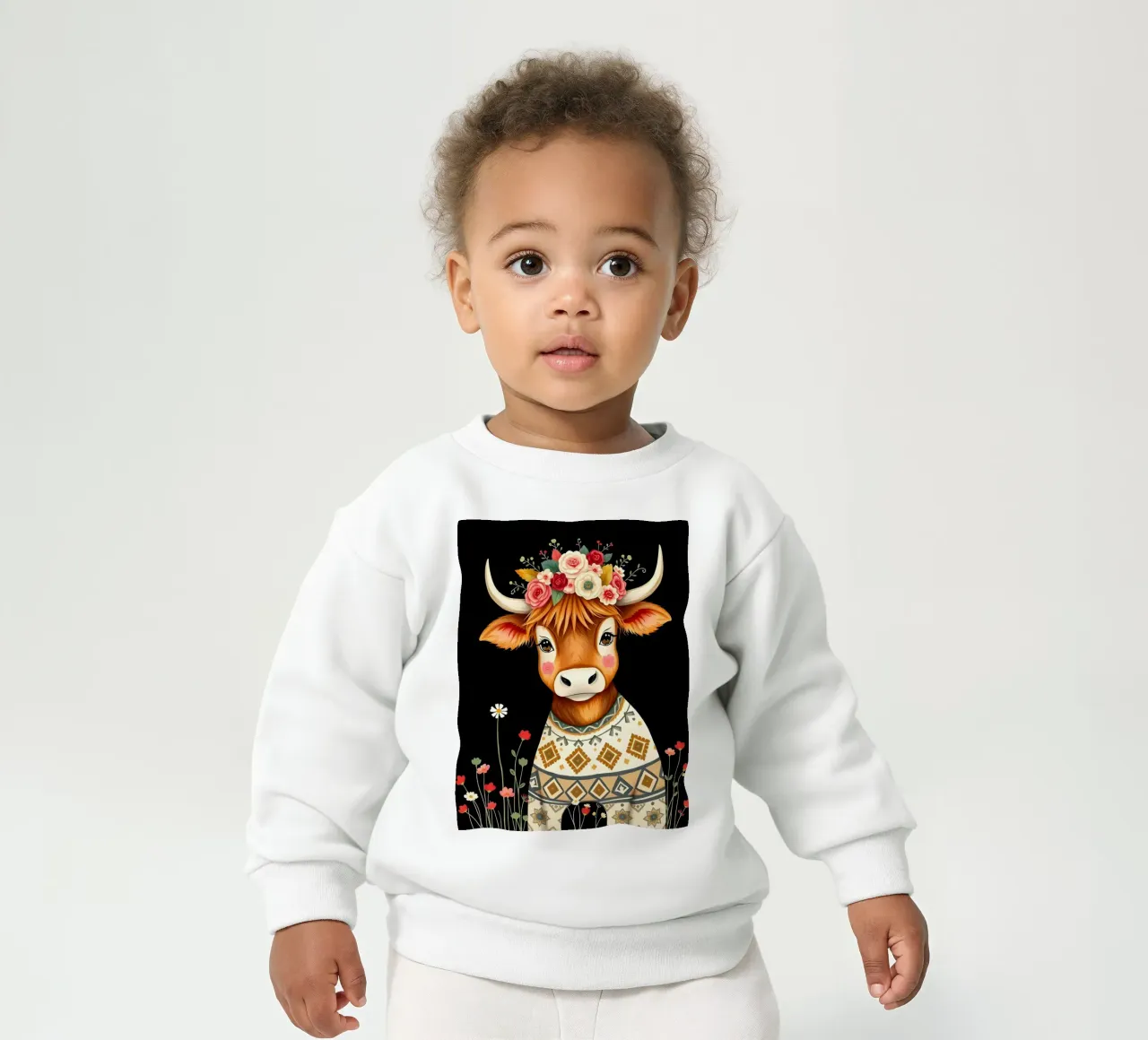 MUCCA HIGHLAND CON CORONA FLOREALE felpa neonato da COLLEEN CRAFTS