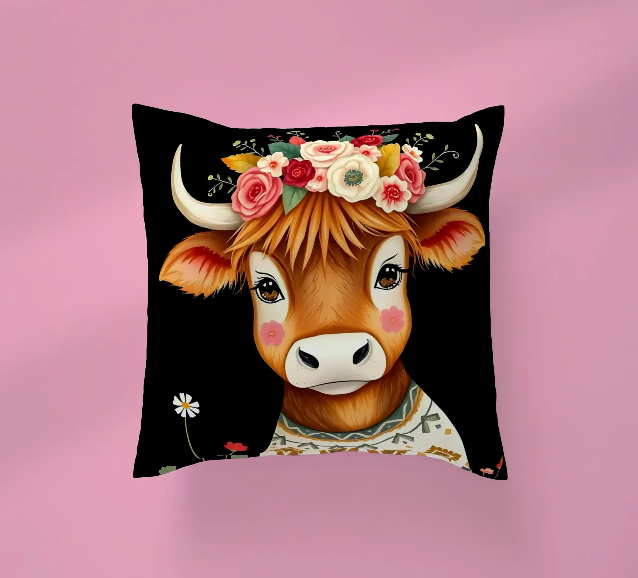 MUCCA HIGHLAND CON CORONA FLOREALE cuscino da COLLEEN CRAFTS