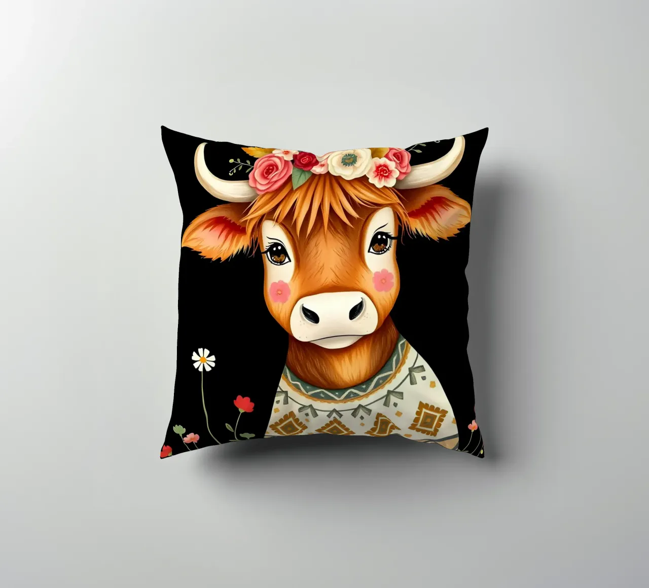 MUCCA HIGHLAND CON CORONA FLOREALE cuscino da COLLEEN CRAFTS