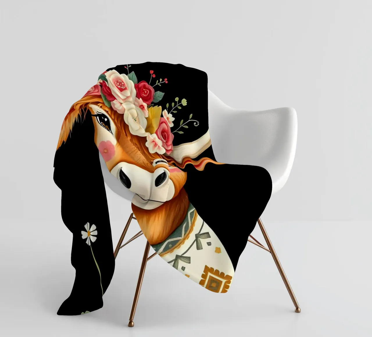 MUCCA HIGHLAND CON CORONA FLOREALE coperta in pile da COLLEEN CRAFTS