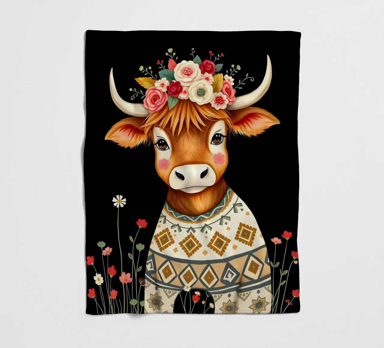 MUCCA HIGHLAND CON CORONA FLOREALE coperta in pile da COLLEEN CRAFTS