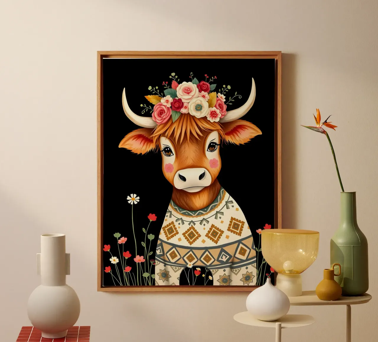 MUCCA HIGHLAND CON CORONA FLOREALE tela con Cornice a cassetta da COLLEEN CRAFTS