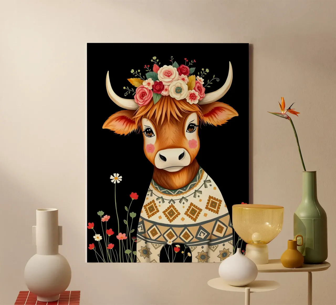 MUCCA HIGHLAND CON CORONA FLOREALE tela con Cornice a cassetta da COLLEEN CRAFTS