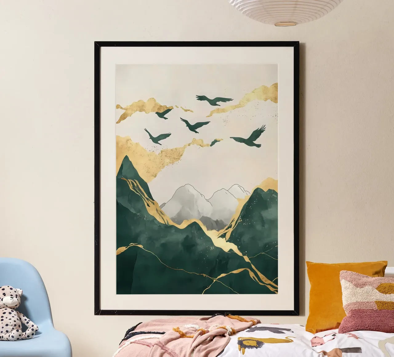 Paesaggio della montagna d'oro poster con telaio in alluminio da Ginnery