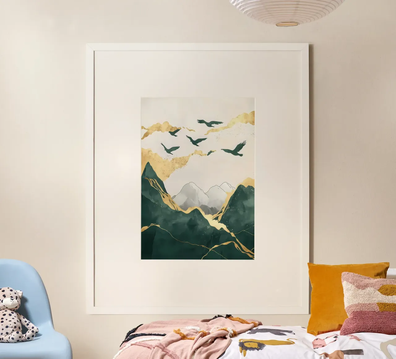 Paesaggio della montagna d'oro poster con telaio in alluminio da Ginnery