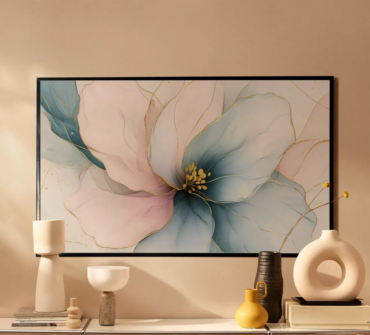 Paesaggio da sogno floreale blu e rosa poster con telaio in alluminio da Modern Muse