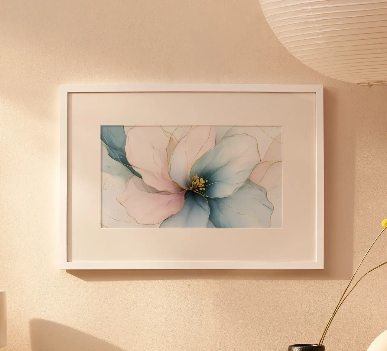 Paesaggio da sogno floreale blu e rosa poster con telaio in alluminio da Modern Muse