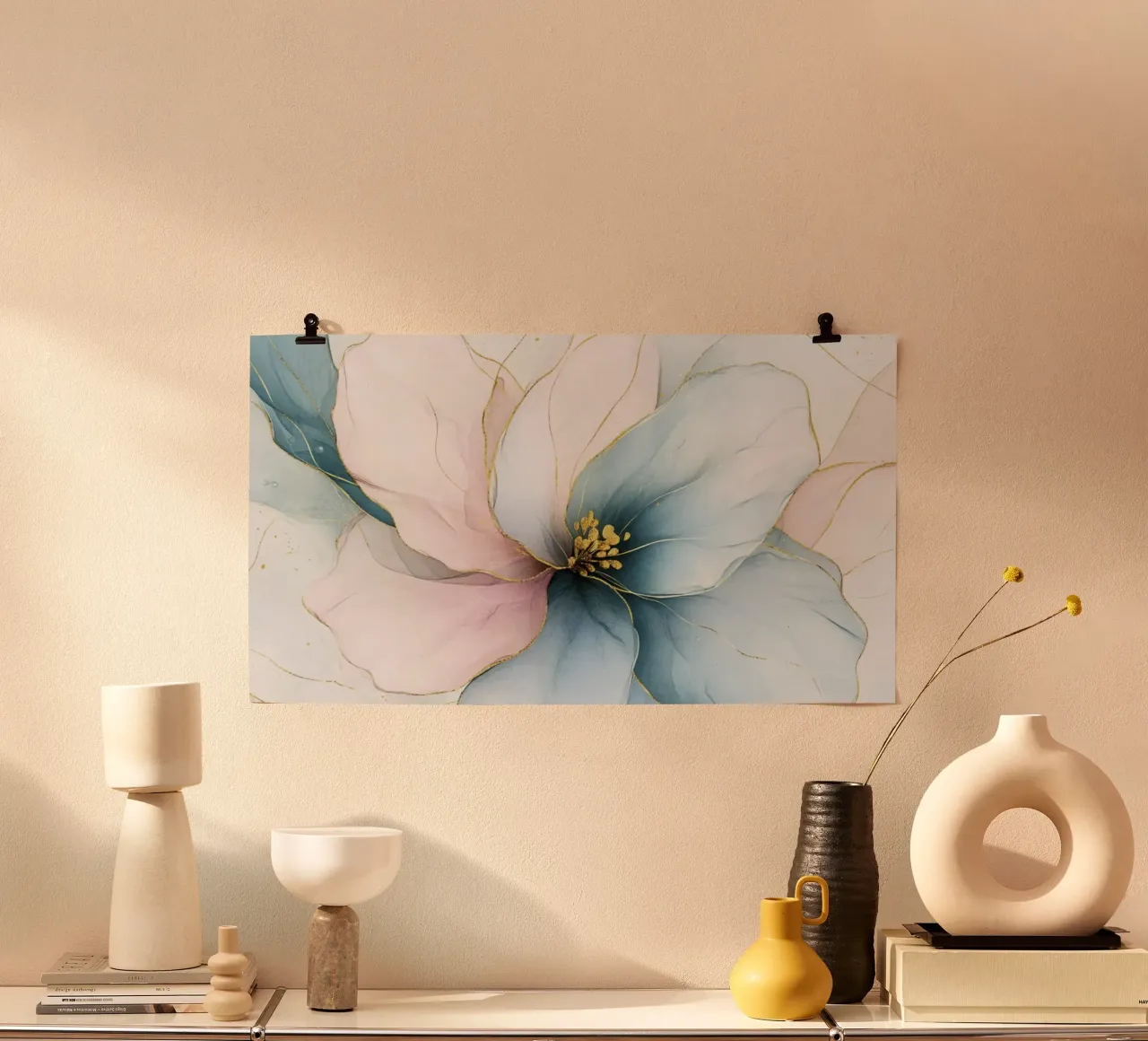 Paesaggio da sogno floreale blu e rosa poster con telaio in alluminio da Modern Muse