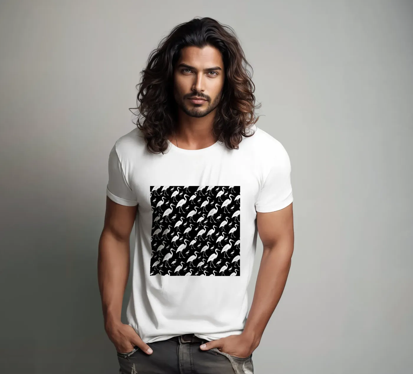Egrets pattern t-shirt van baobabprintstore