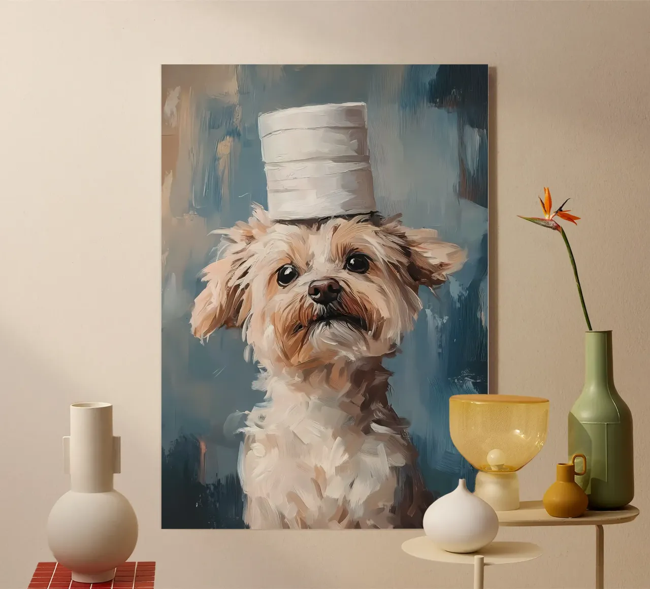 Dog with Toilet Paper Hat acrylic glass by Ginnery