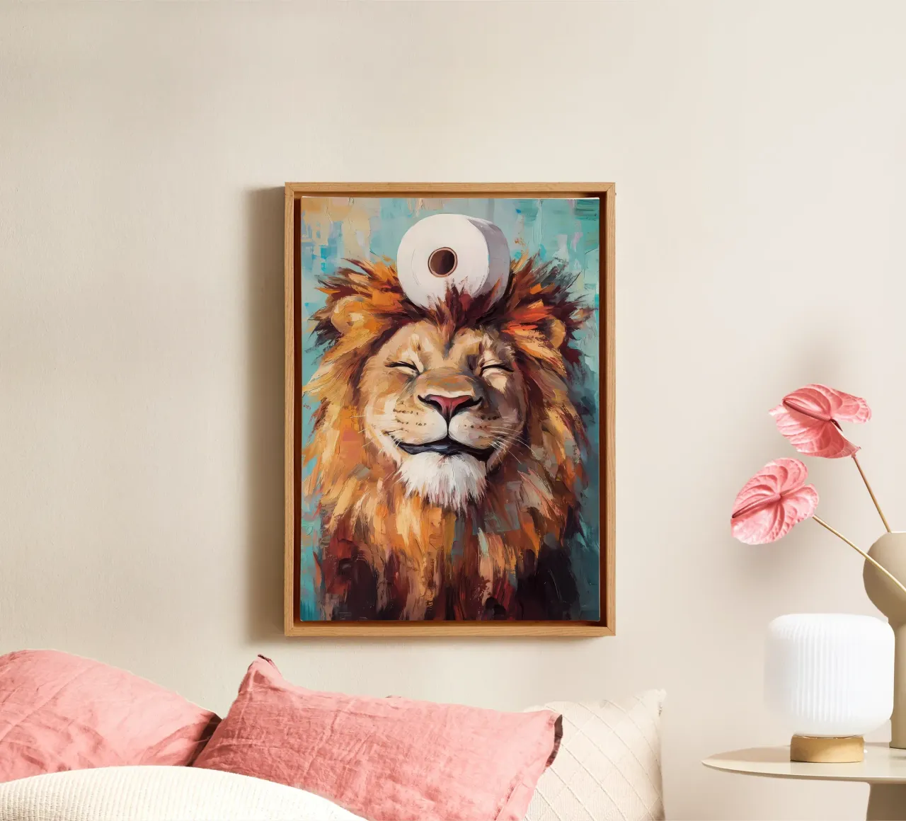 Leeuw met wc-papier canvas van Ginnery