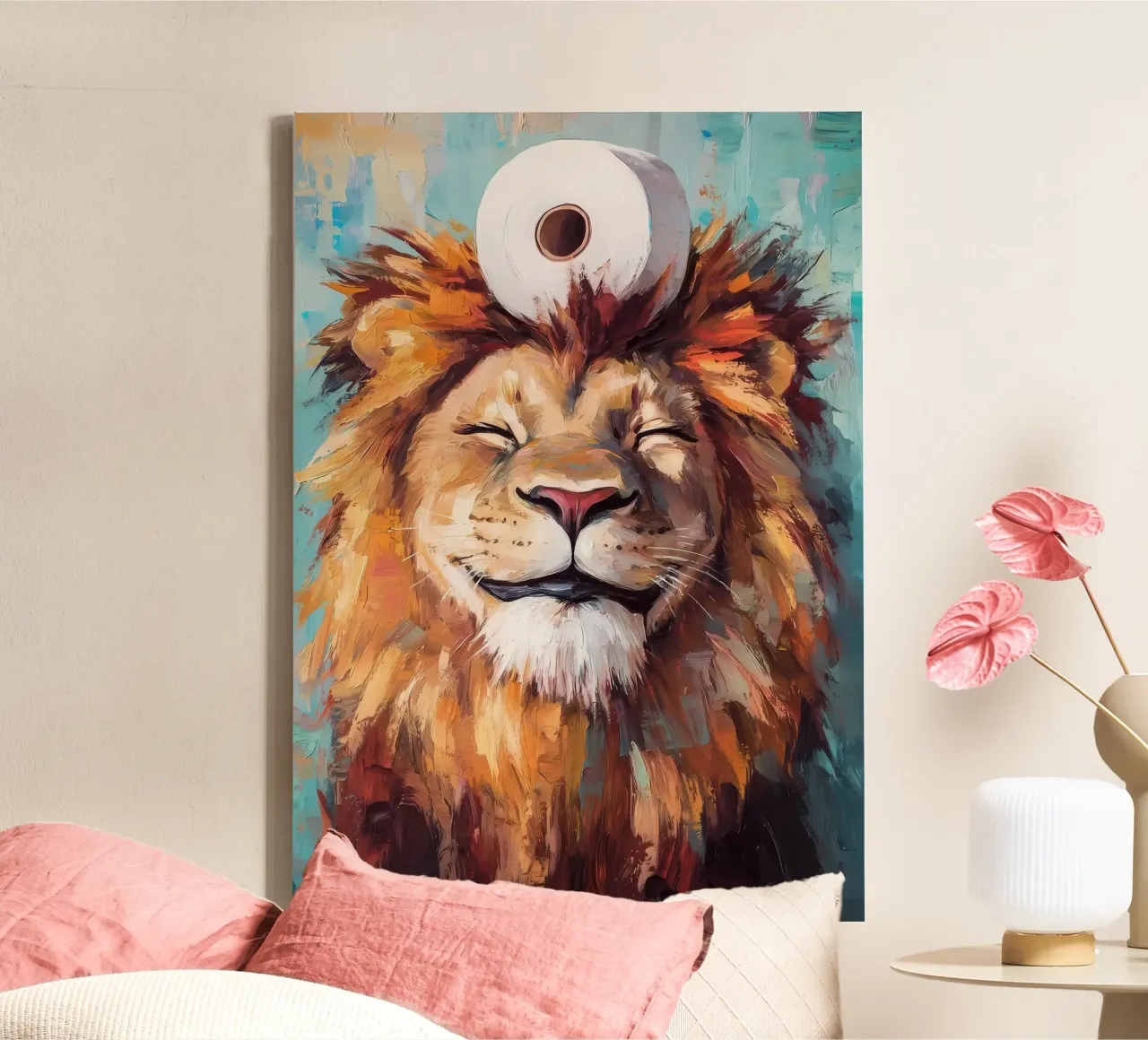 Leeuw met wc-papier canvas van Ginnery