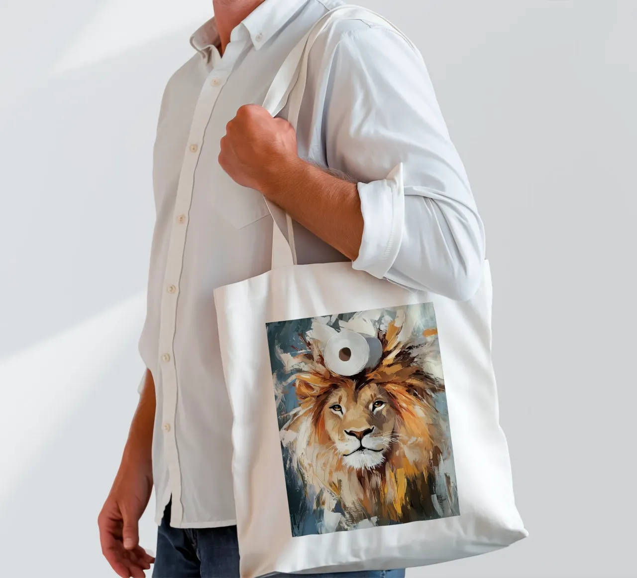 Lion with Toilet Paper Crown tote bag by Ginnery