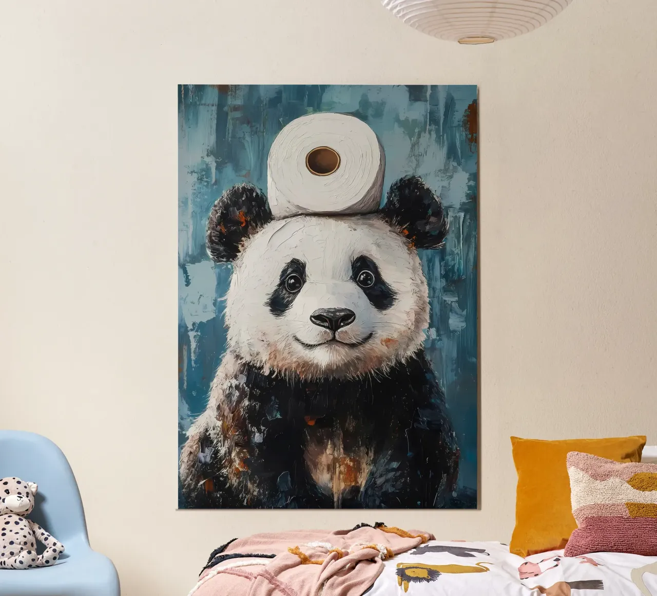 Panda con carta igienica poster con telaio in legno da Ginnery