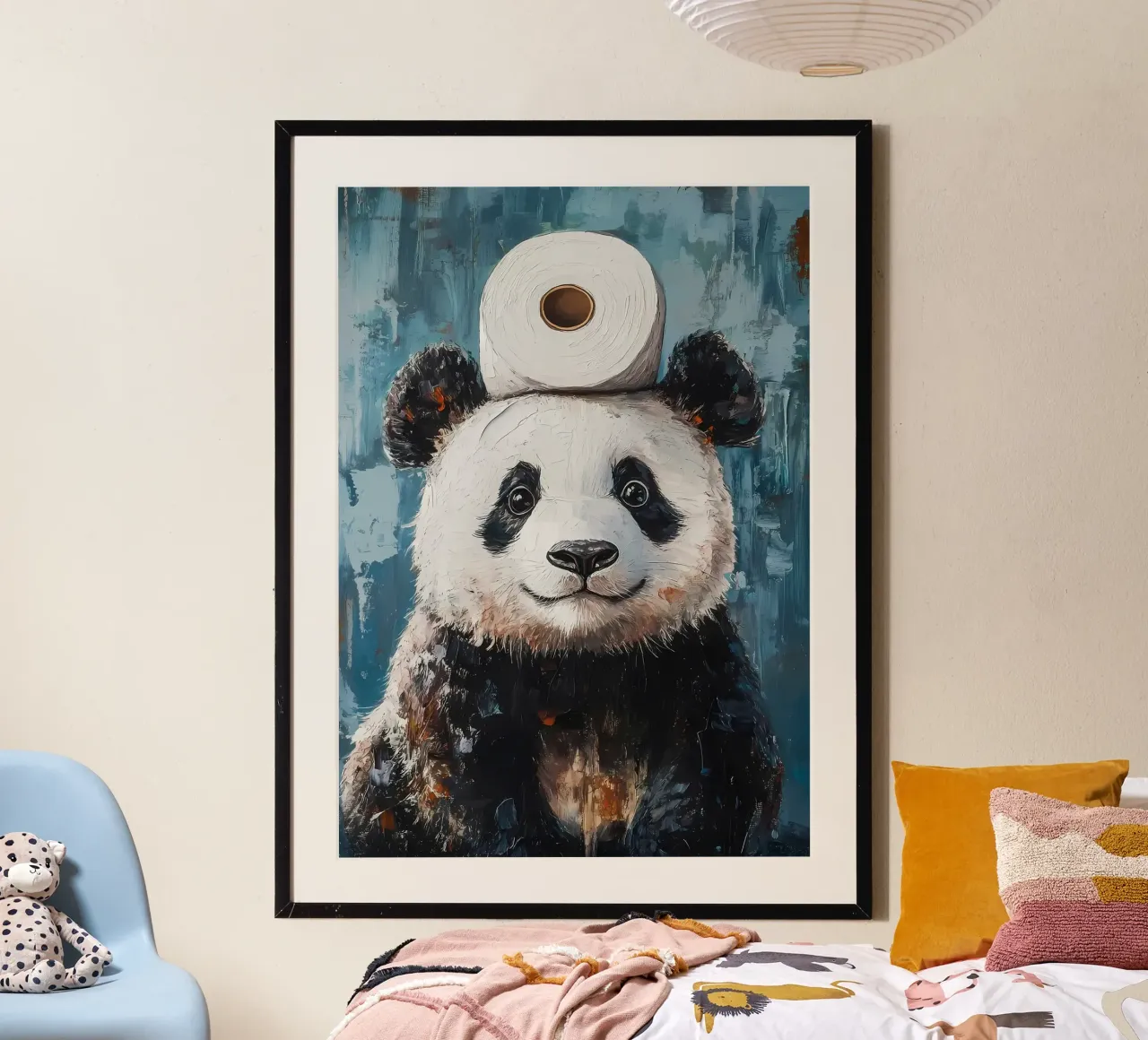 Panda con carta igienica poster con telaio in legno da Ginnery