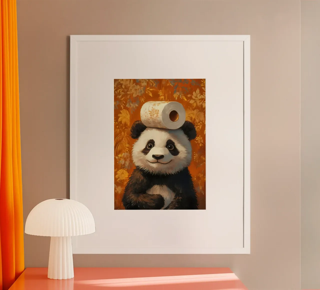 Panda con carta igienica poster con telaio in alluminio da Ginnery