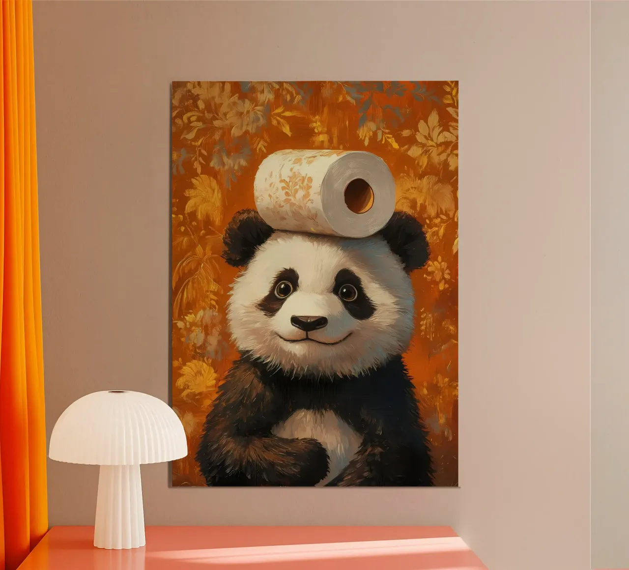 Panda con carta igienica poster con telaio in alluminio da Ginnery