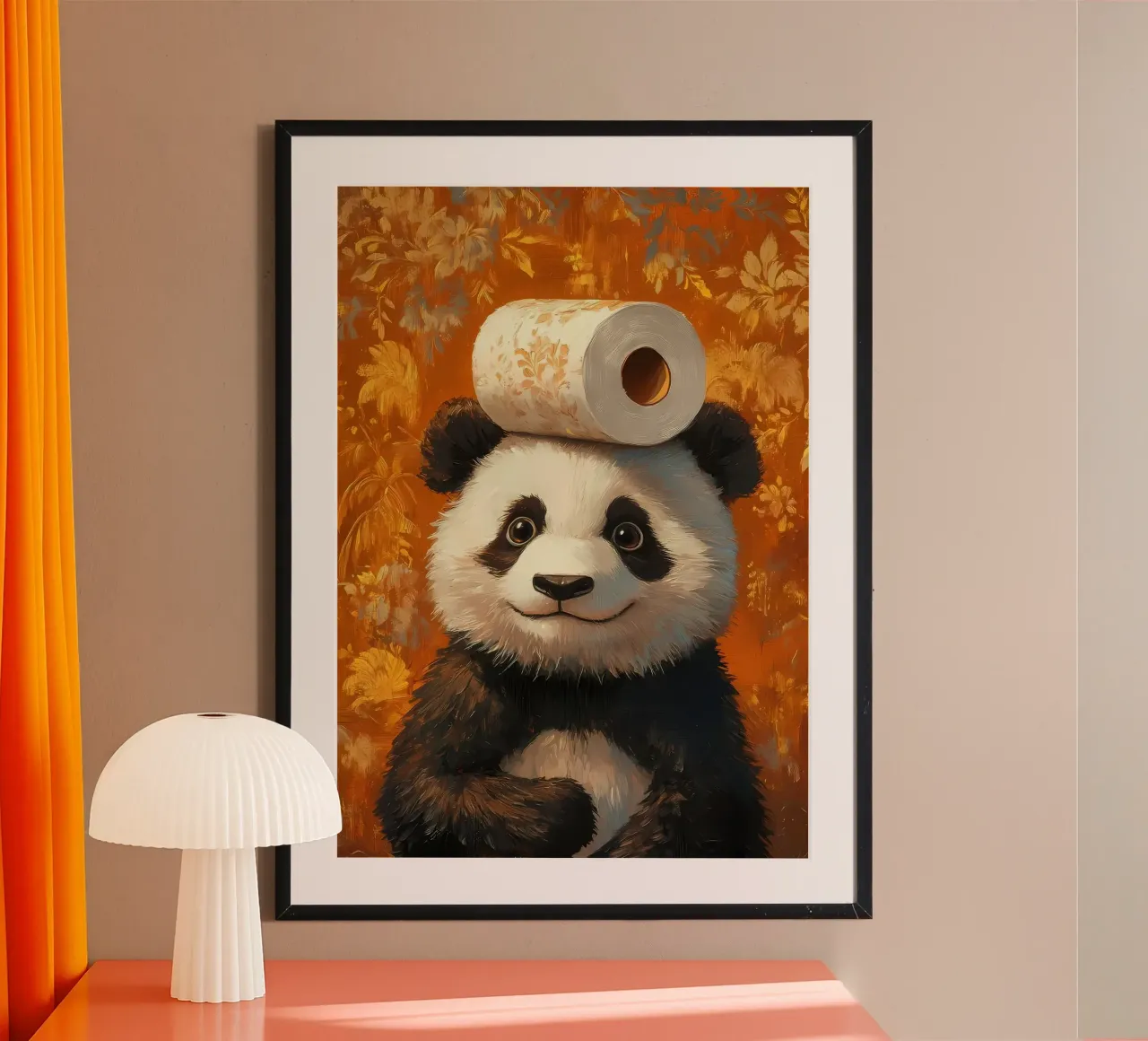 Panda con carta igienica poster con telaio in alluminio da Ginnery