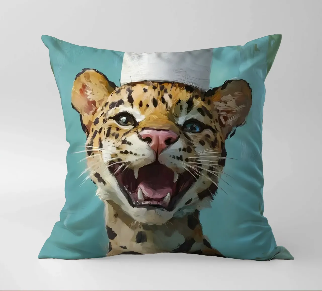 Leopardo con cappello di carta igienica cuscino da Ginnery