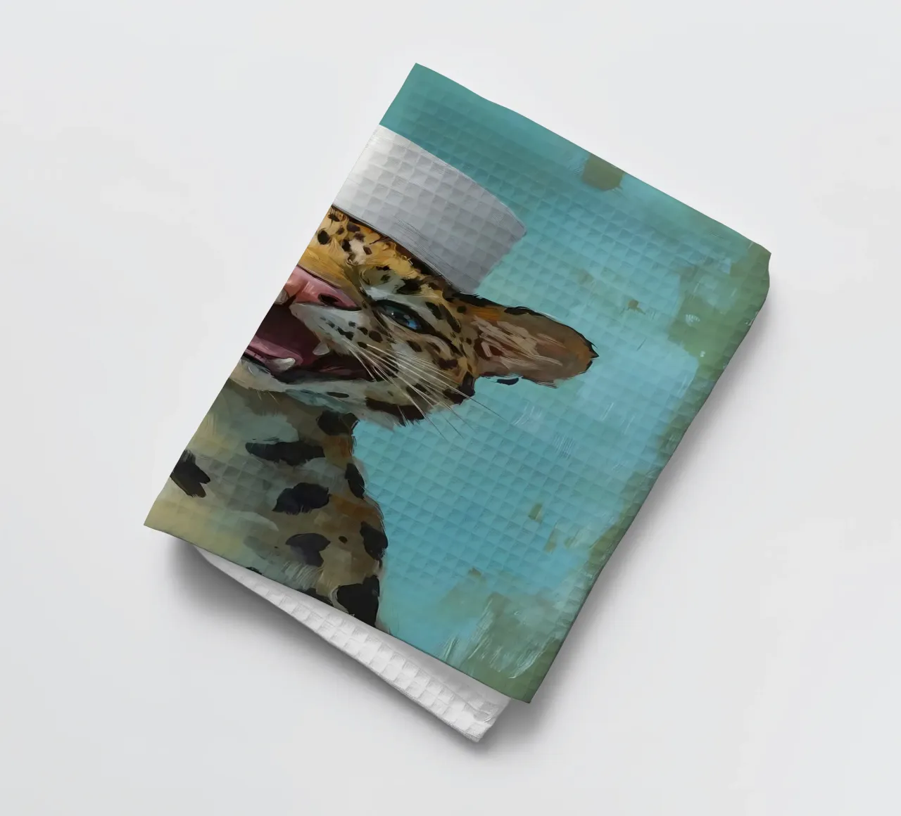 Leopardo con cappello di carta igienica canovaccio da cucina da Ginnery