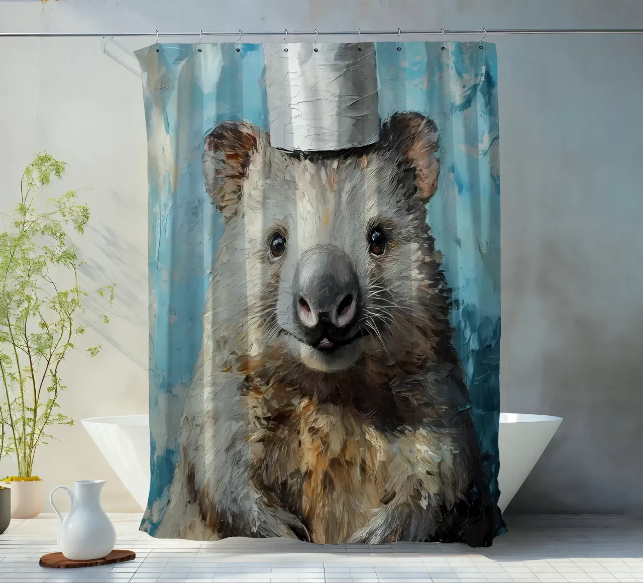 Wombat with Toilet Paper Hat shower curtain by Ginnery