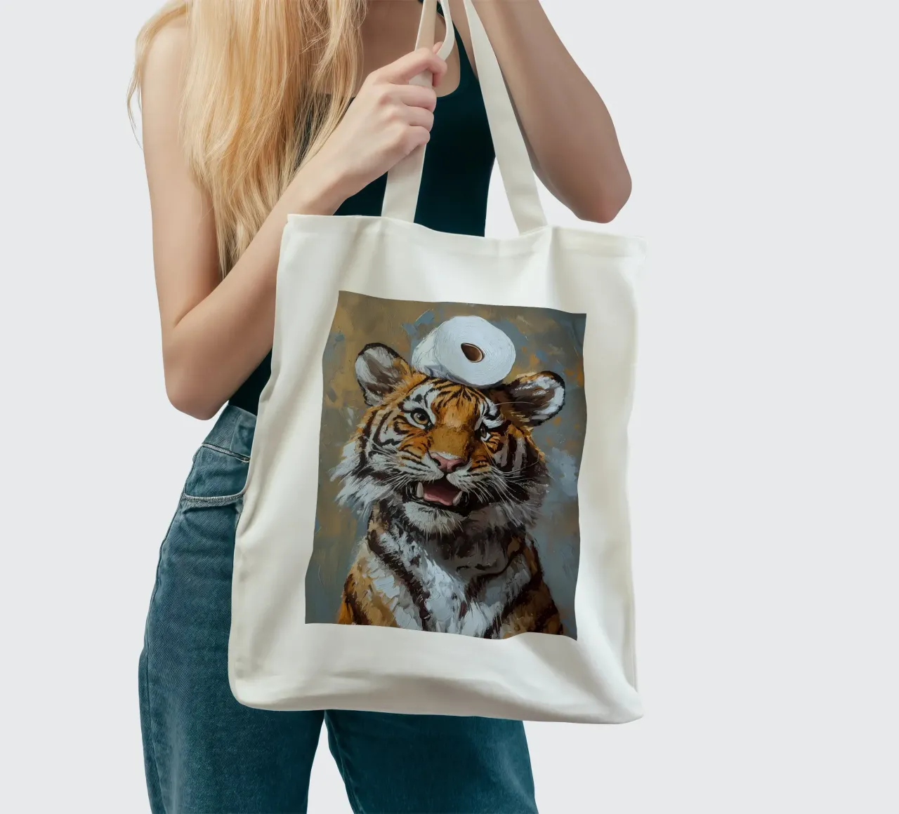 Tijger met toiletpapier jute draagtas van Ginnery