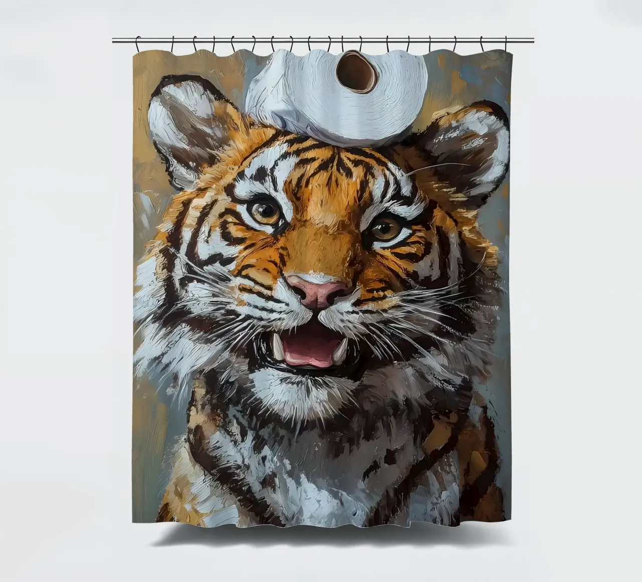 Tiger mit Toilettenpapier Duschvorhang von Ginnery