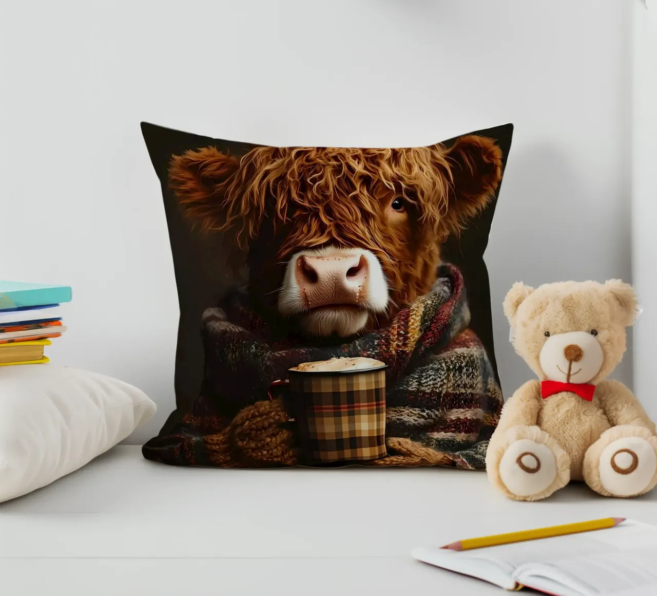 Mucca Highland con caffè caldo cuscino da Ginnery