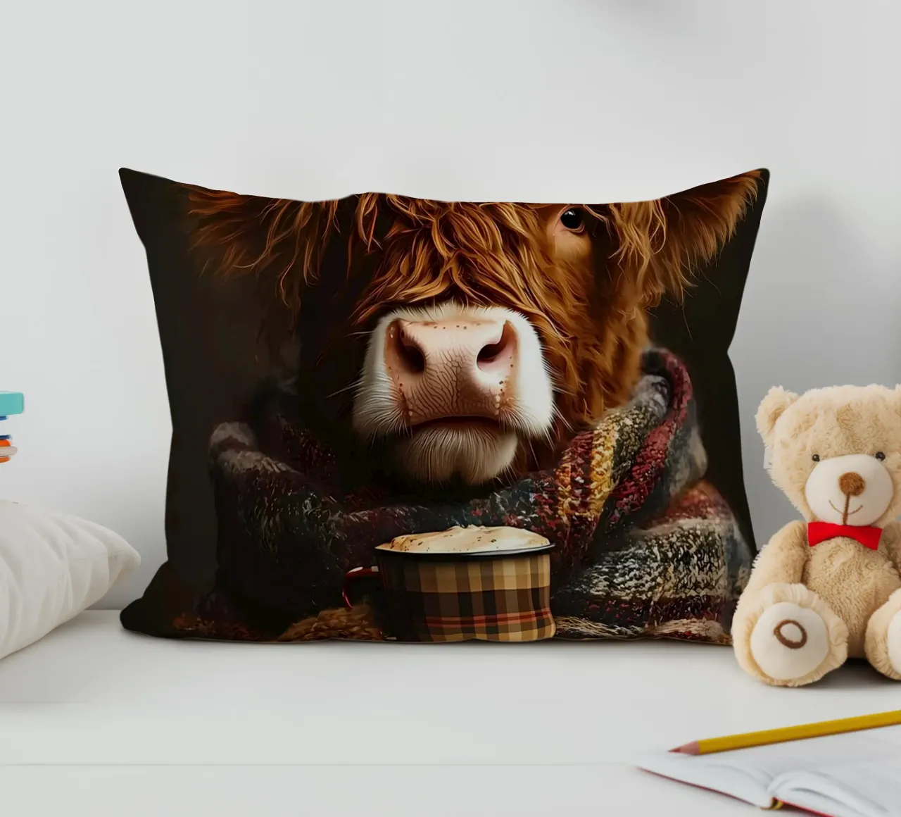 Mucca Highland con caffè caldo cuscino da Ginnery