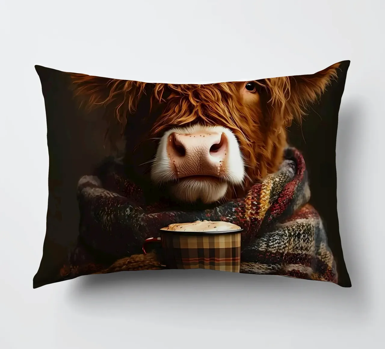 Mucca Highland con caffè caldo cuscino da Ginnery