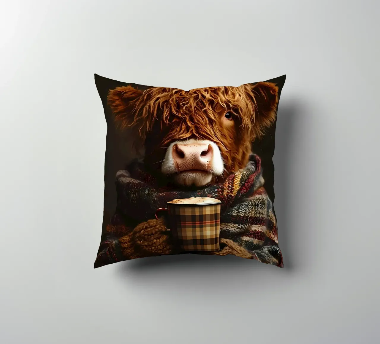 Mucca Highland con caffè caldo cuscino da Ginnery