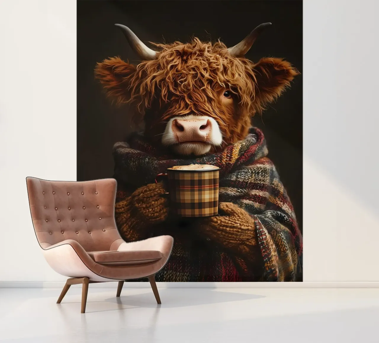 Highland Cow with Hot Coffee photo wallpaper by Ginnery