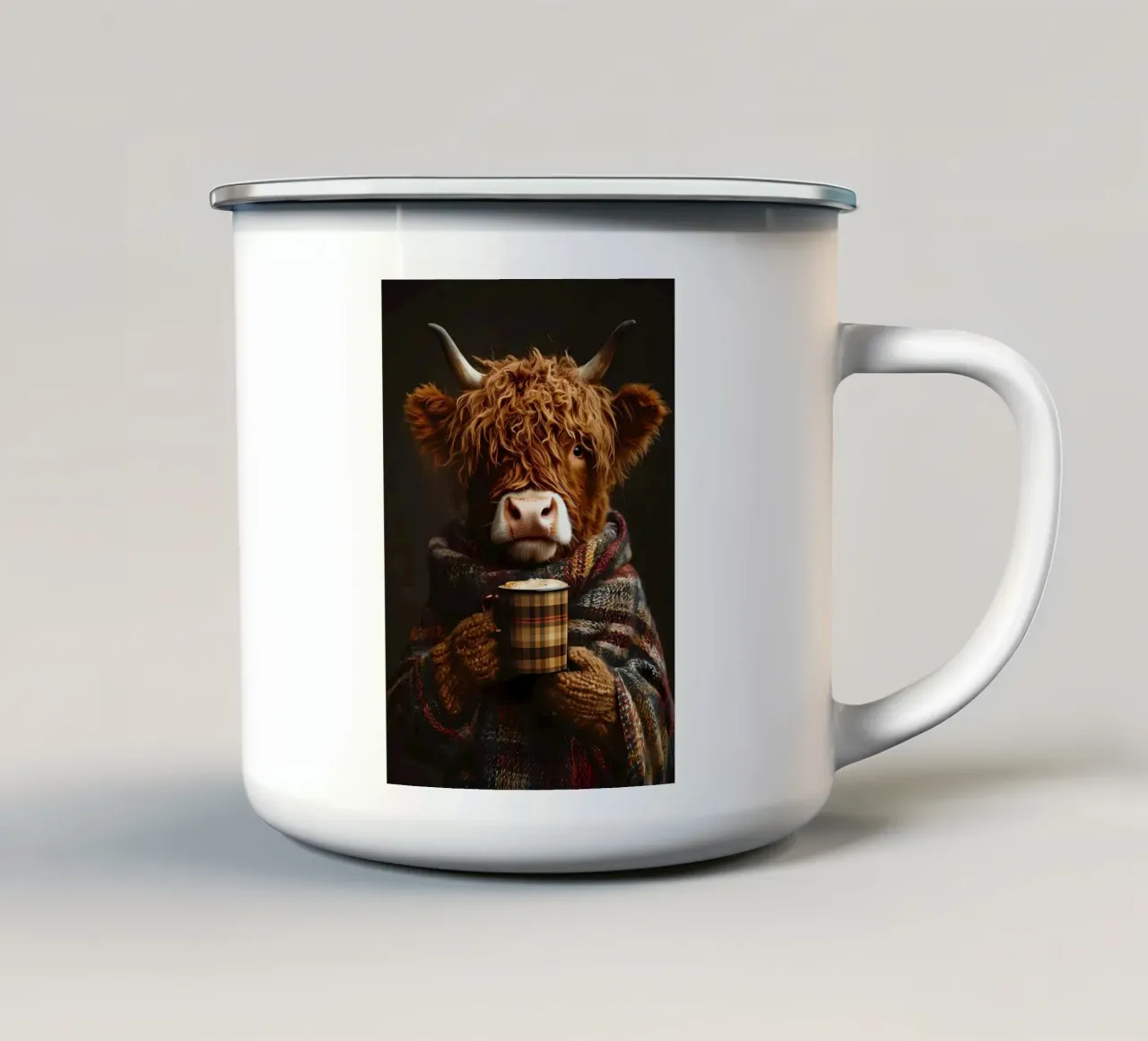 Mucca Highland con caffè caldo tazza in smalto da Ginnery