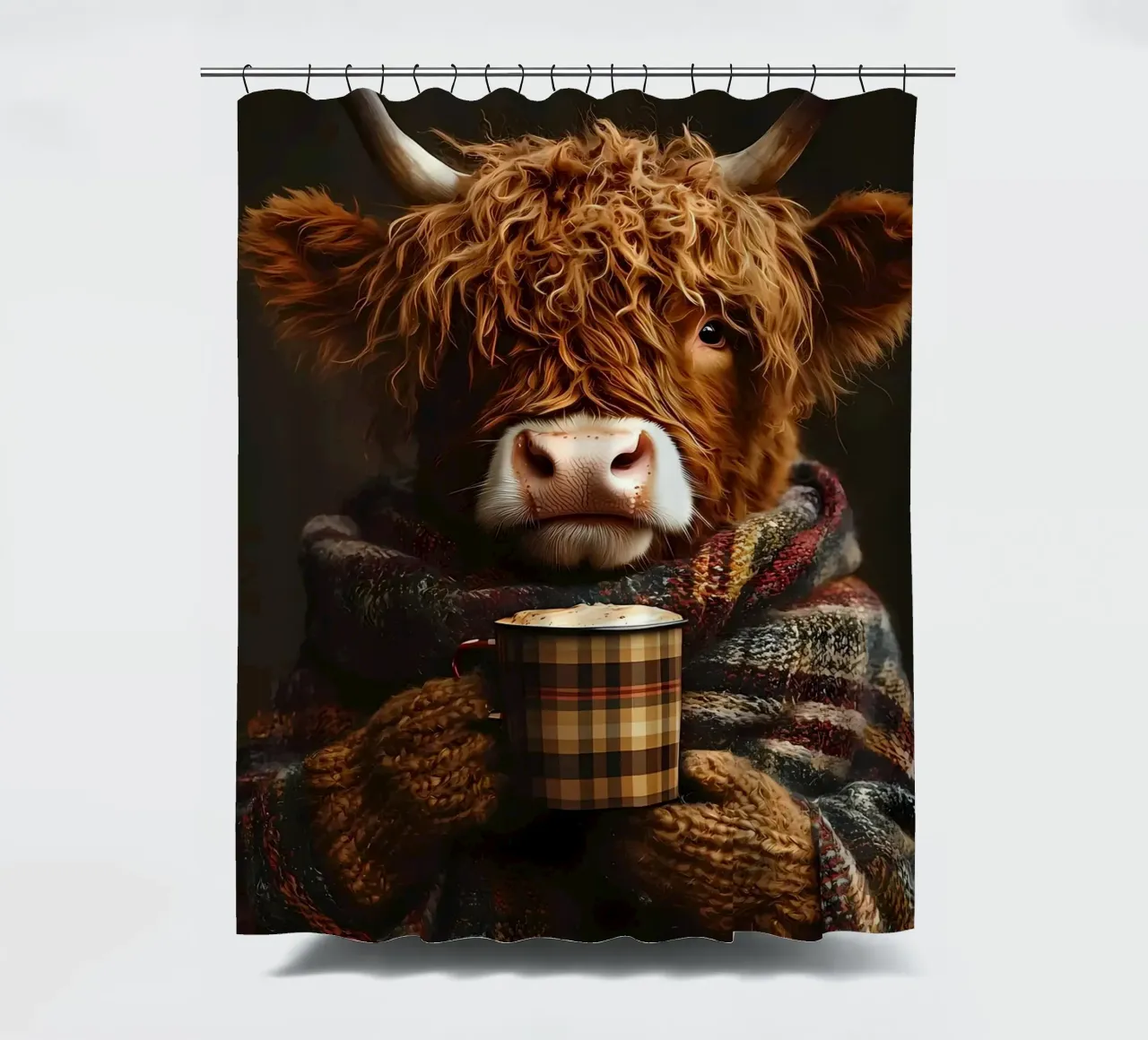 Mucca Highland con caffè caldo tenda da doccia da Ginnery