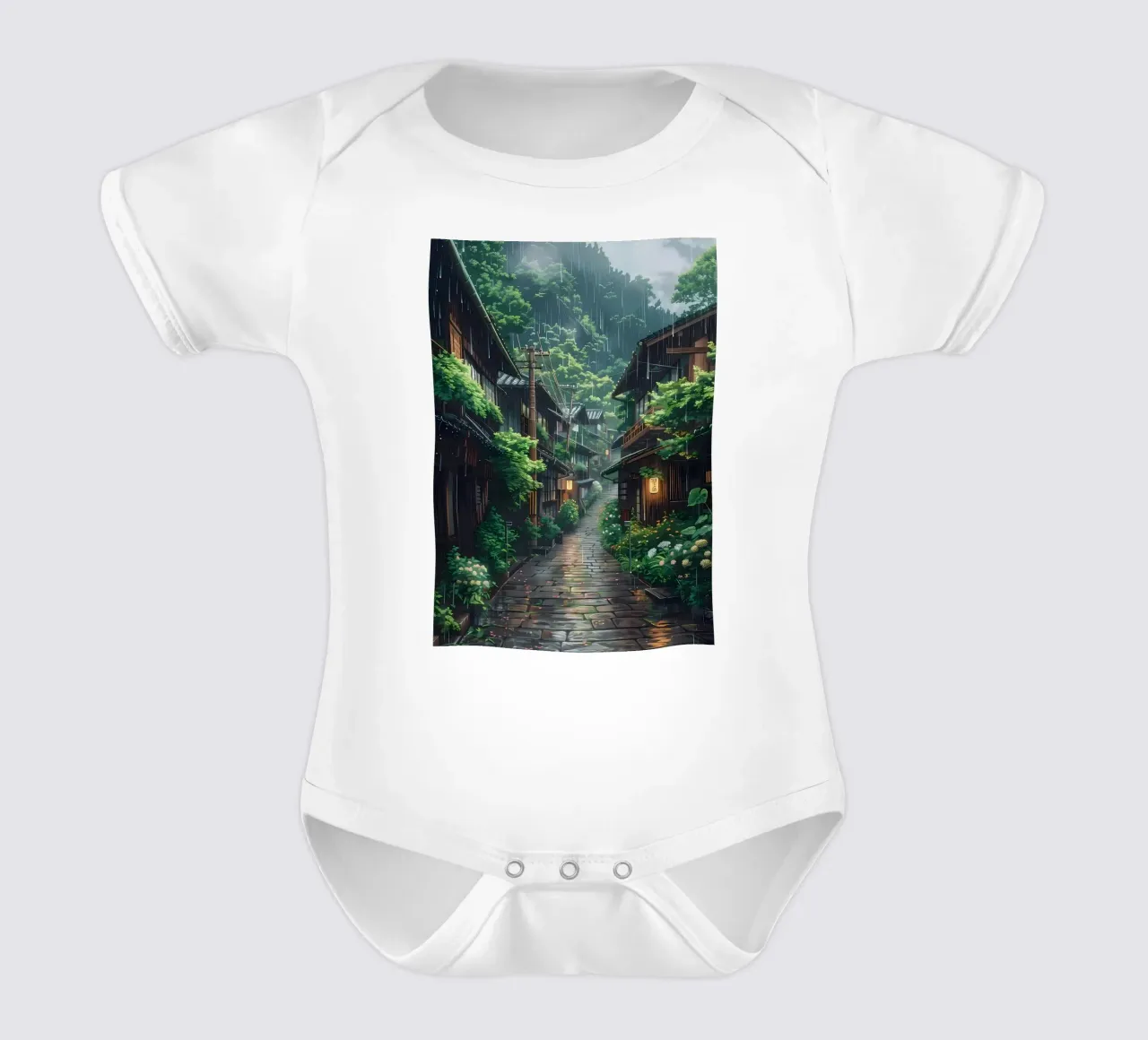 Rainy Street short-sleeve baby romper by Ginnery