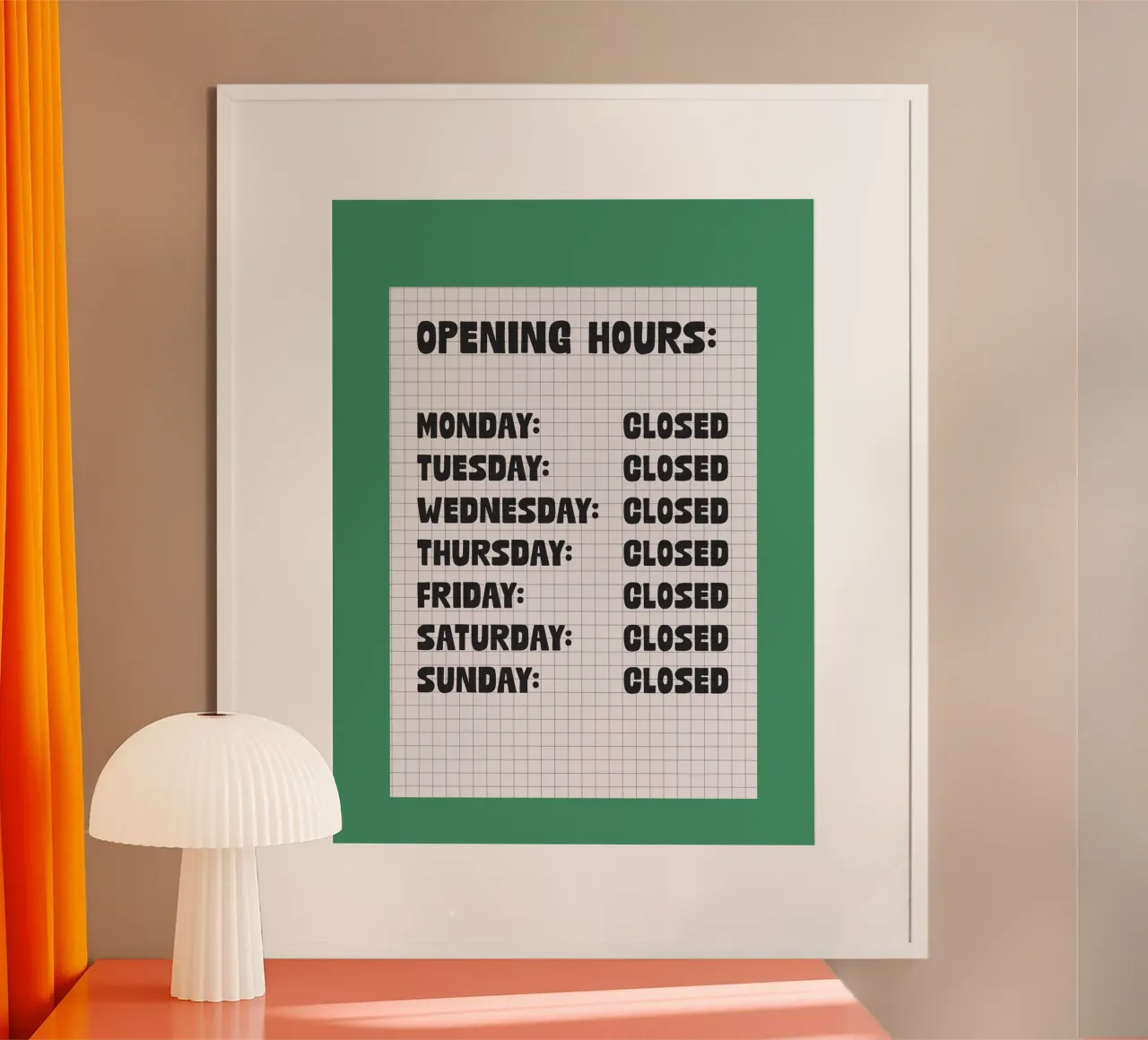Opening Hours poster con telaio in plastica da TheGrumpyHomeDecor