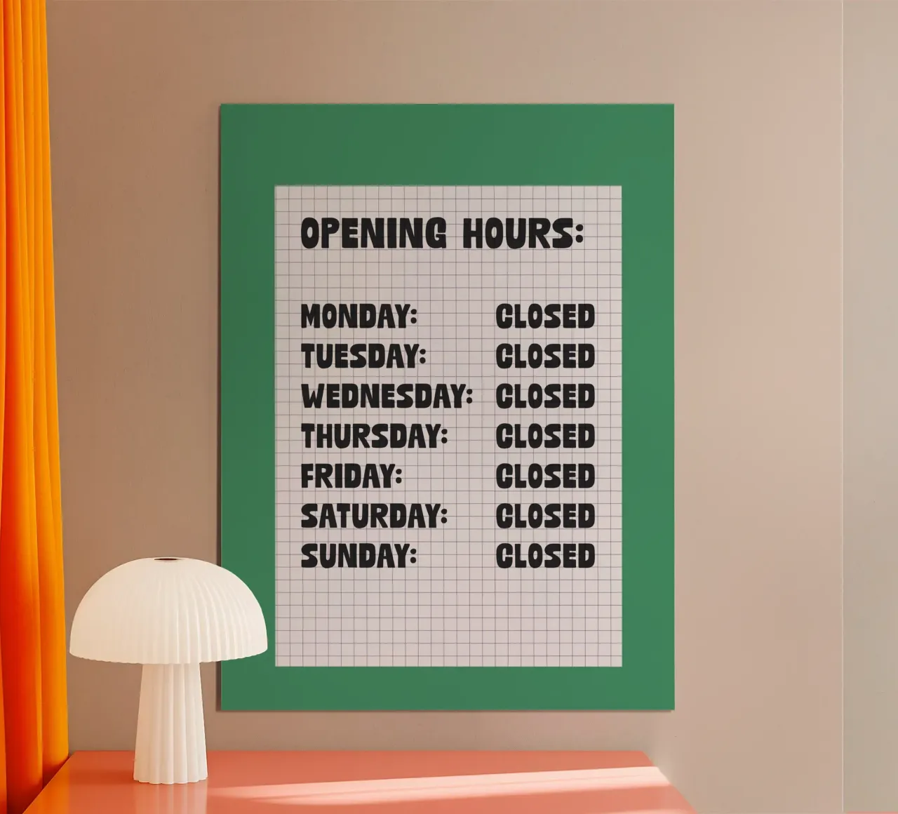 Opening Hours poster con telaio in plastica da TheGrumpyHomeDecor