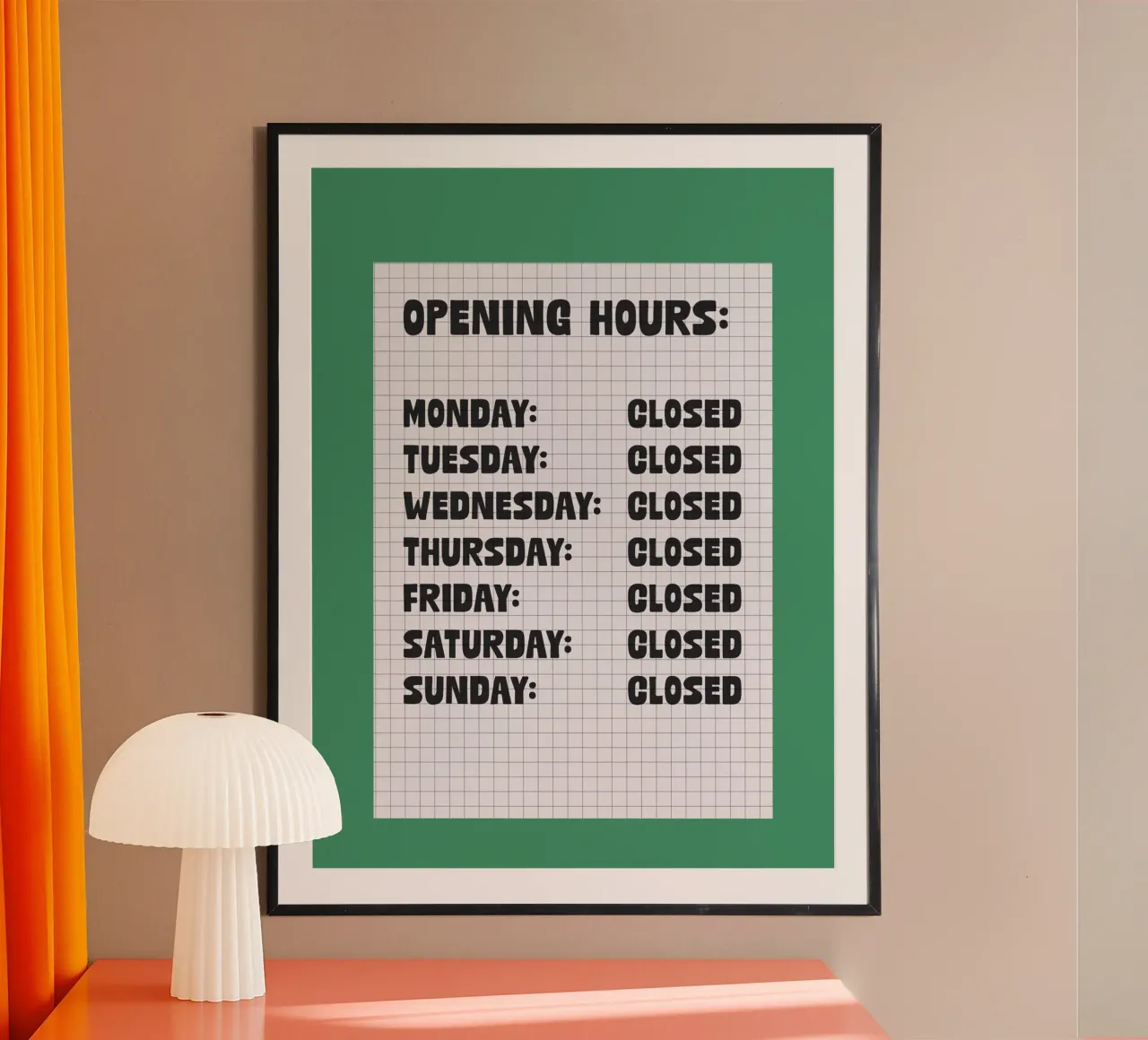 Opening Hours poster con telaio in plastica da TheGrumpyHomeDecor