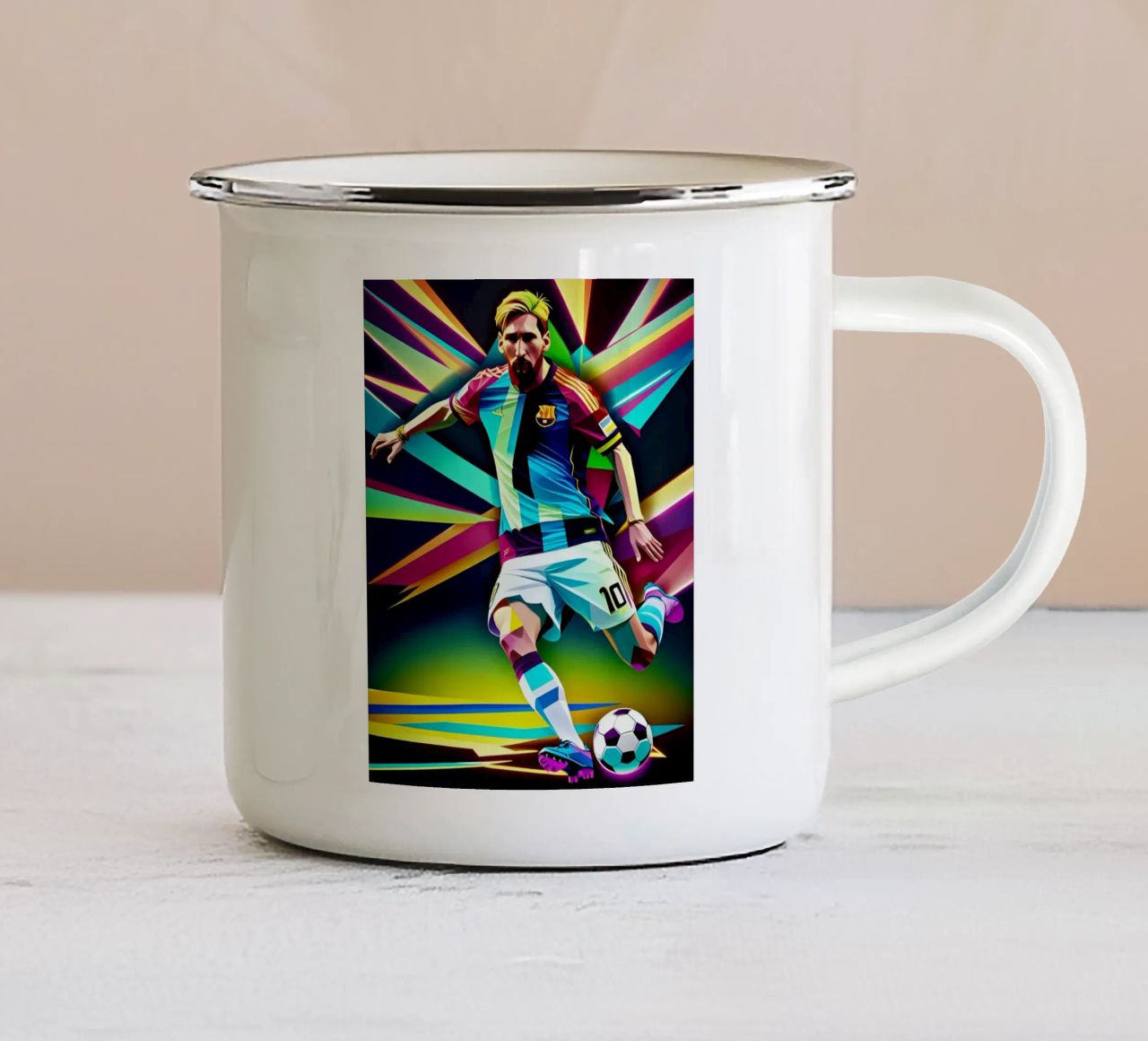 Messi con la palla tazza in smalto da BONANZA