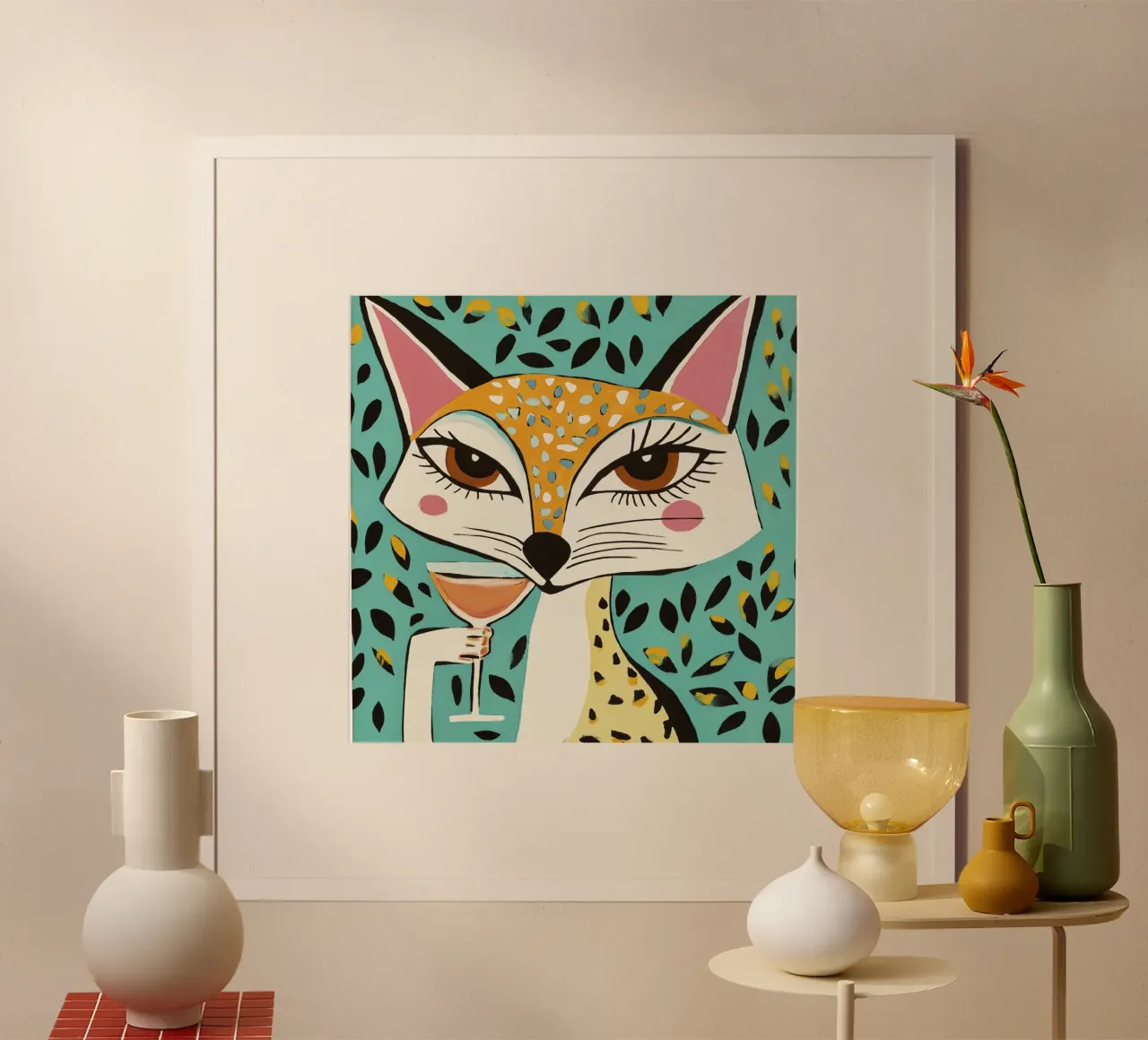 Cocktail da bere con una volpe stravagante poster con telaio in alluminio da Modern Muse