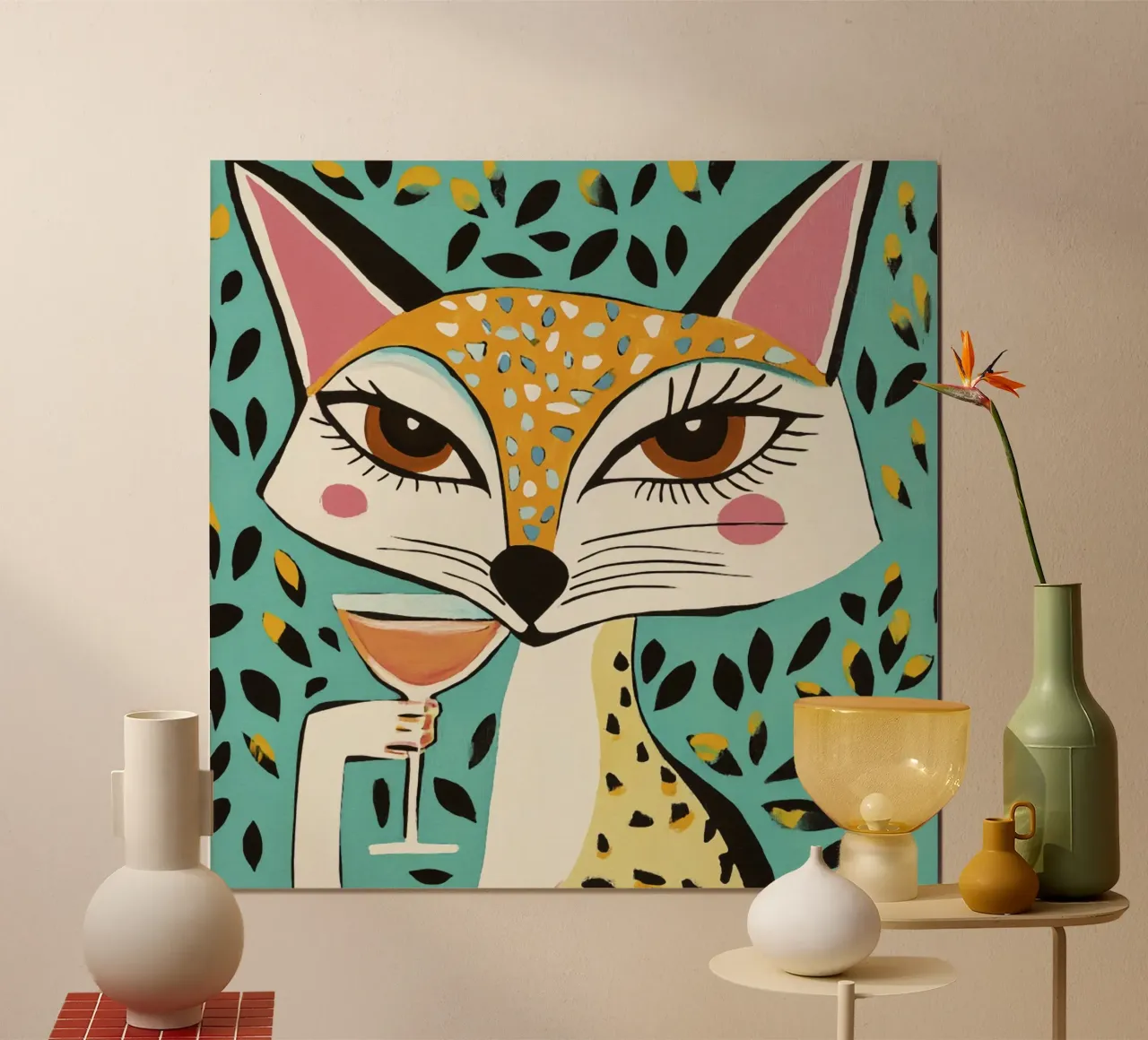 Cocktail da bere con una volpe stravagante poster con telaio in alluminio da Modern Muse