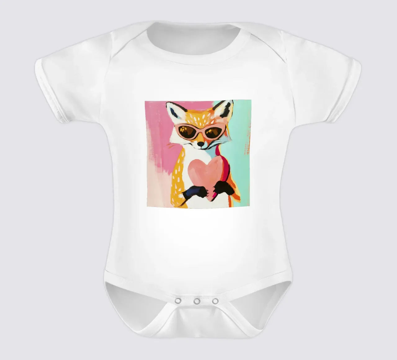 Whimiscal Cool Fox with Heart short-sleeve baby romper by Modern Muse