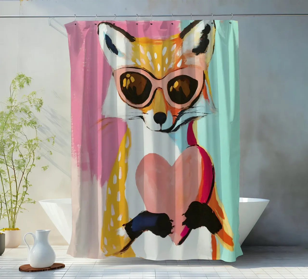 Whimiscal Cool Fox with Heart shower curtain by Modern Muse
