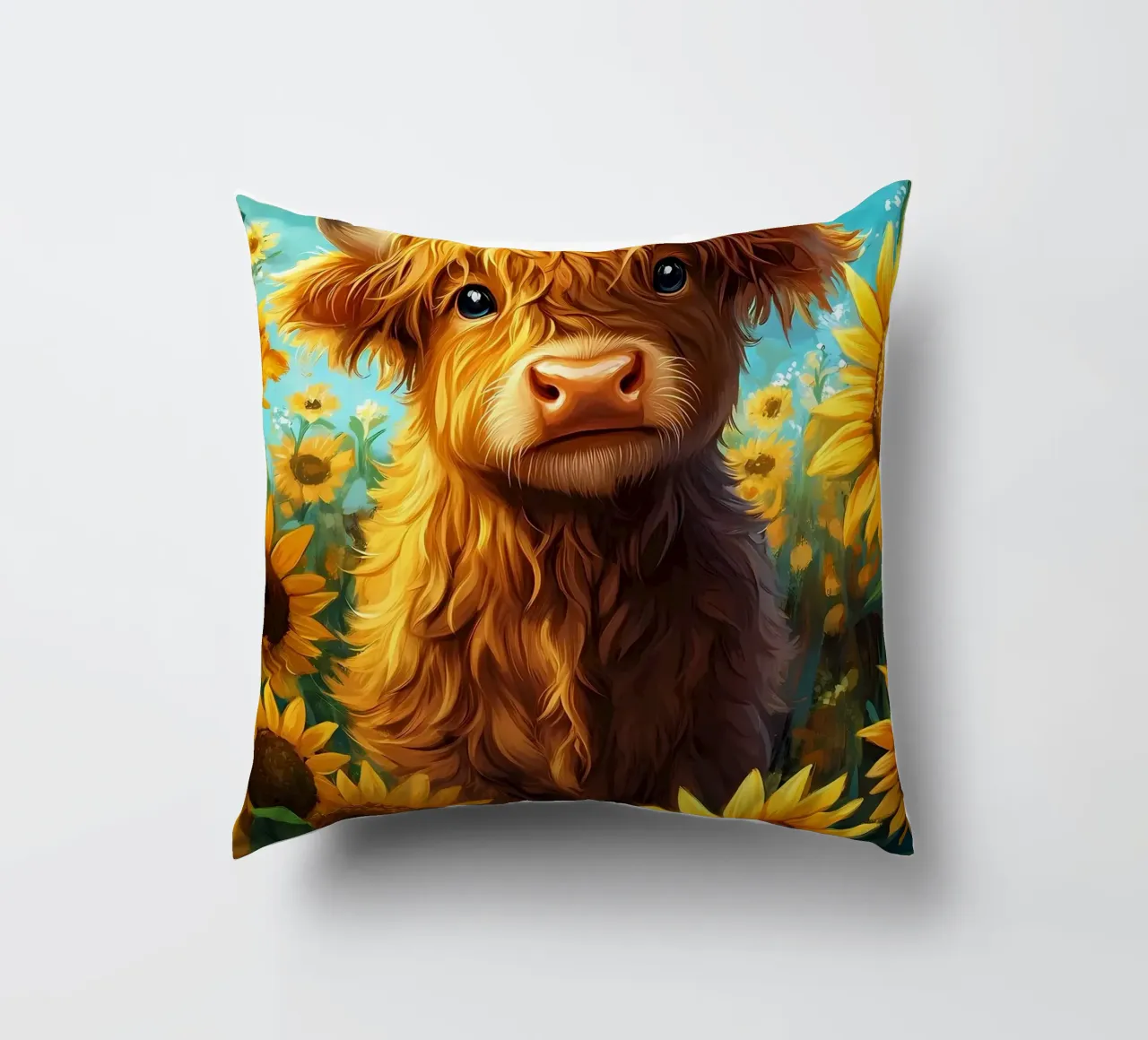 Bambino di mucca Highland in un campo di girasoli cuscino da Ginnery