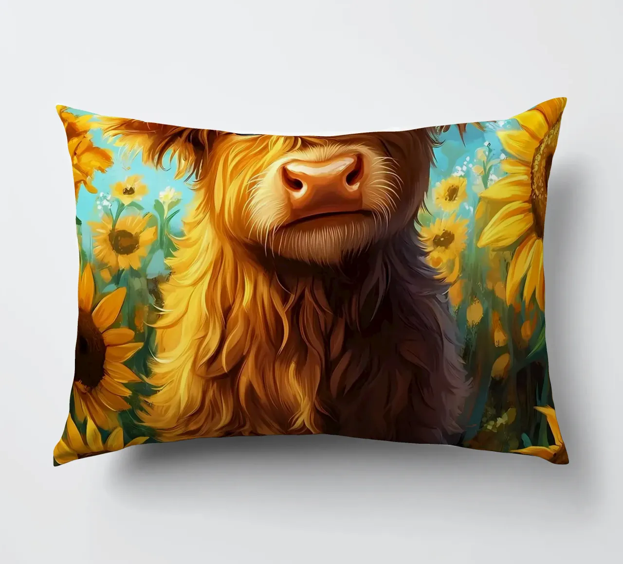 Bambino di mucca Highland in un campo di girasoli cuscino da Ginnery