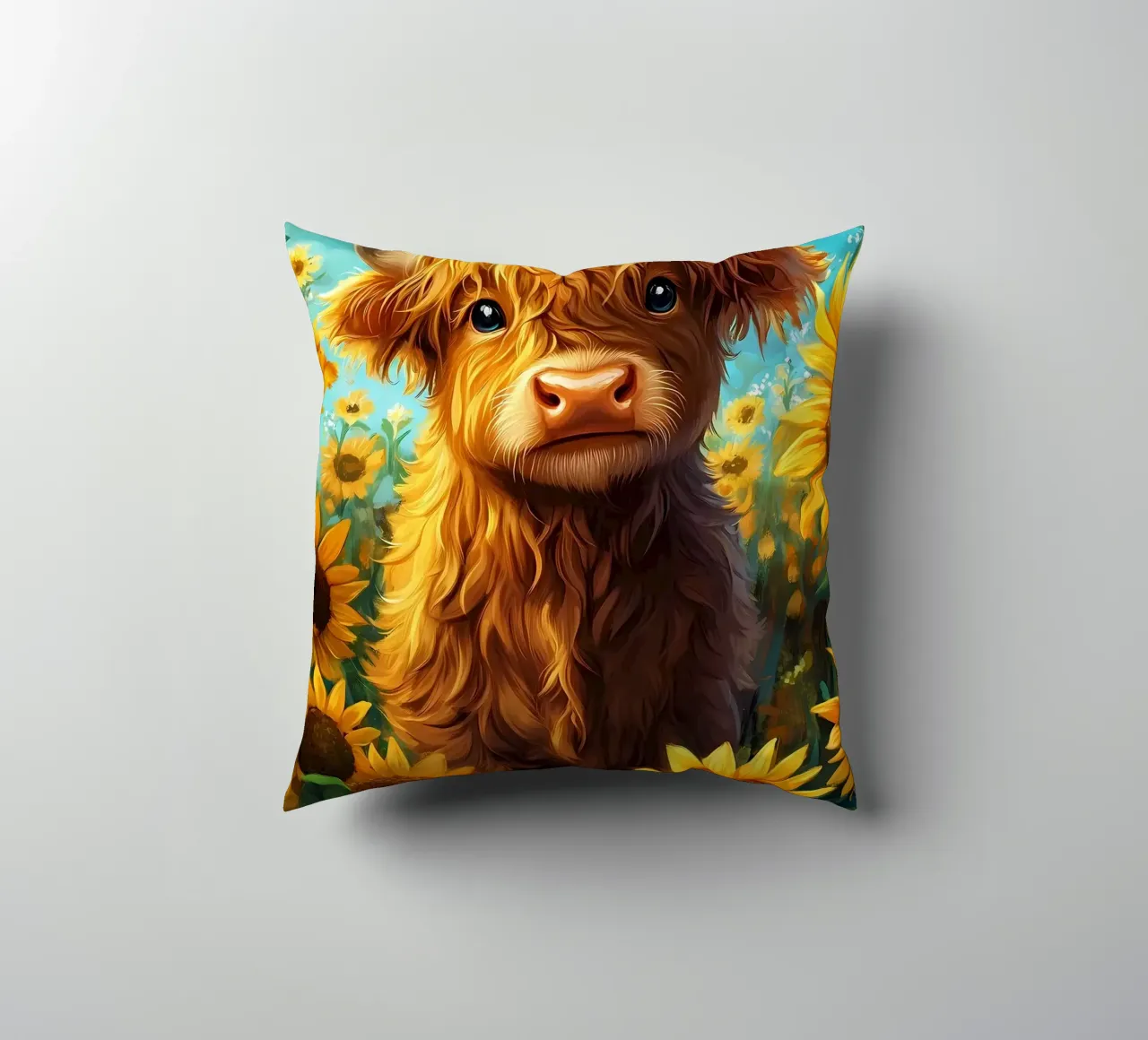 Bambino di mucca Highland in un campo di girasoli cuscino da Ginnery