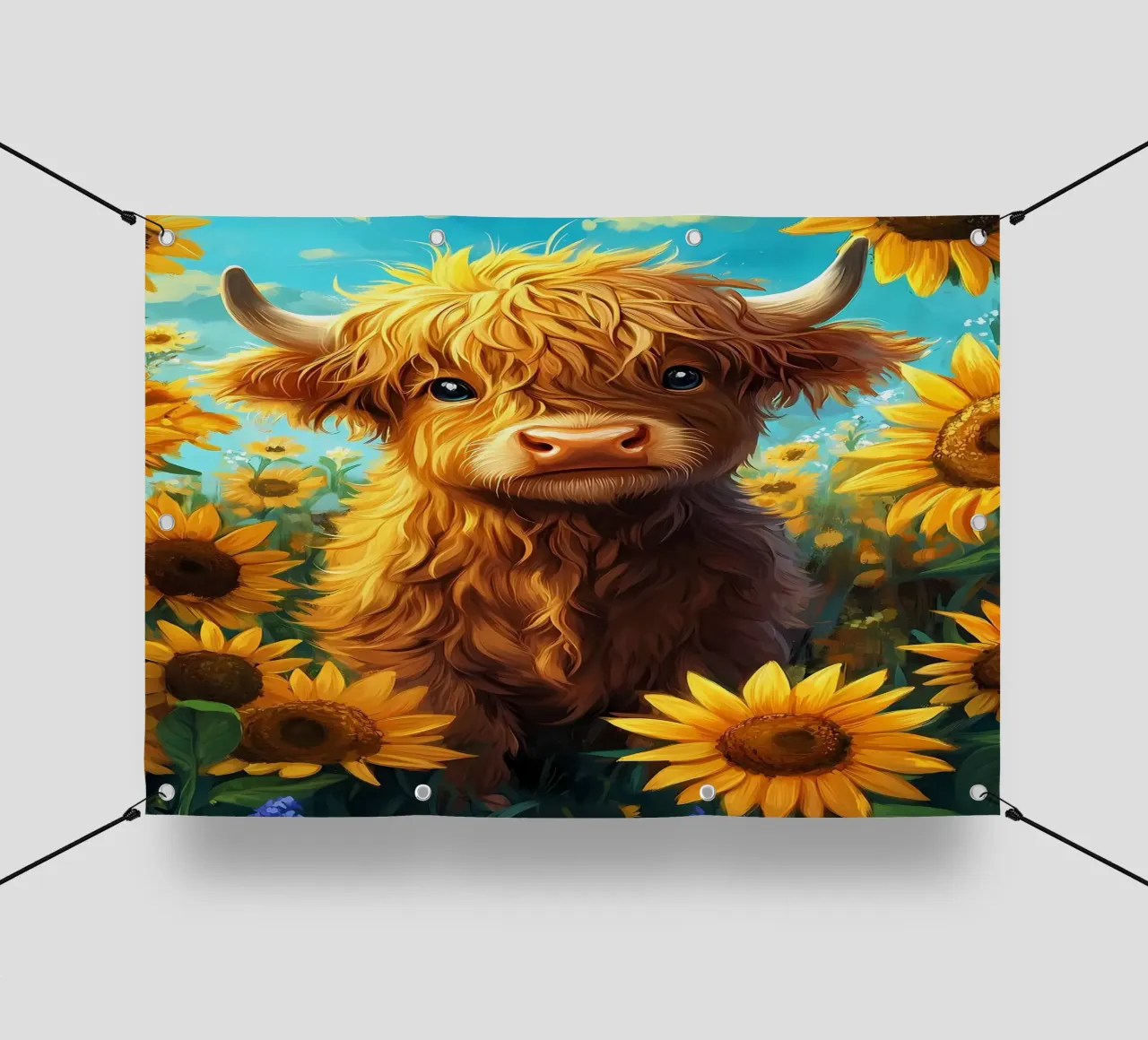 Bambino di mucca Highland in un campo di girasoli telo in pvc da Ginnery