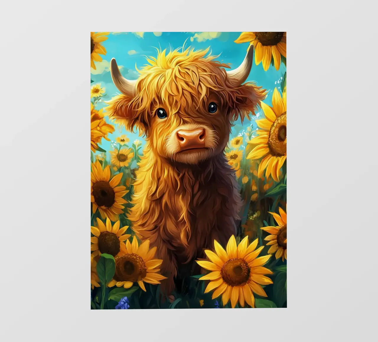 Bambino di mucca Highland in un campo di girasoli telo in pvc da Ginnery