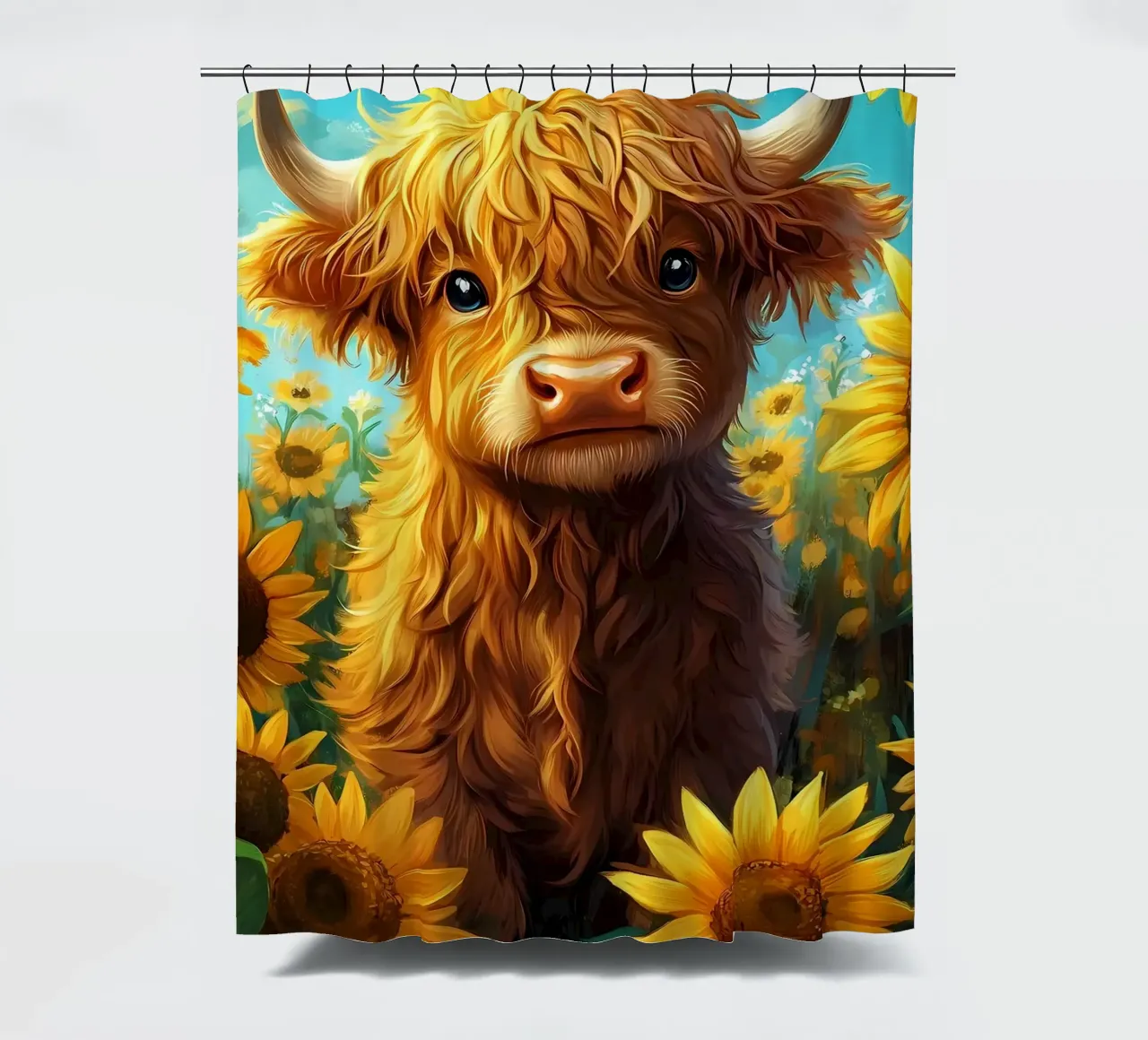 Bambino di mucca Highland in un campo di girasoli tenda da doccia da Ginnery